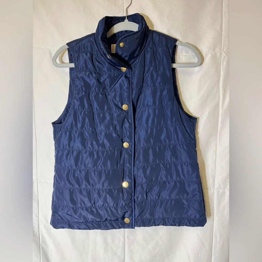 Michael Michael Kors Navy Quilted Puffer Vest Women’s Small Gold Snap‎ Front